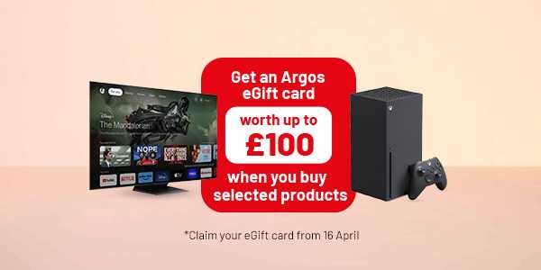 Get an Argos eGift card worth up to £100 when you buy selected products. From TVs, to gaming, to kitchen appliances and more.